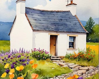 Irish Cottage Watercolor Art Print: Flower Garden Landscape
