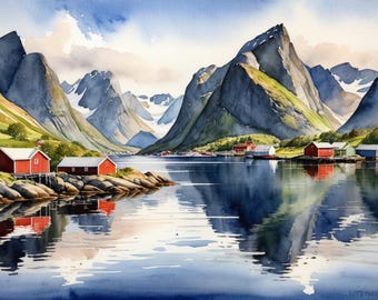 Lofoten Islands Watercolor Art Print: Norway Fjords Landscape