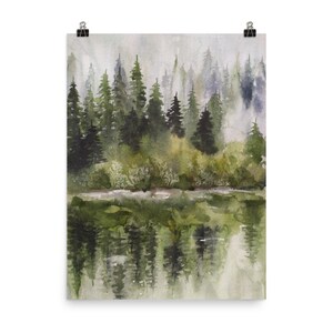 Eagle Lake Watercolor Art Print: Foggy Forest Landscape