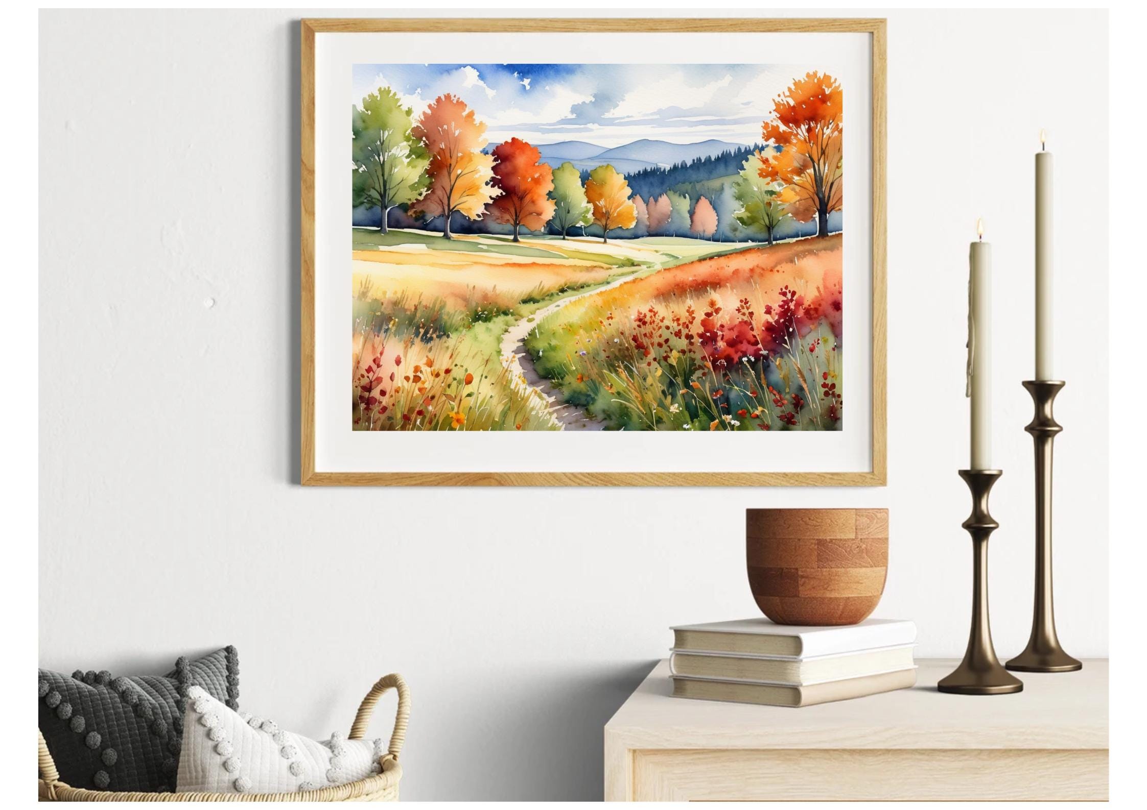 バーモントの秋の水彩画：秋の風景画アートプリント - Etsy 日本