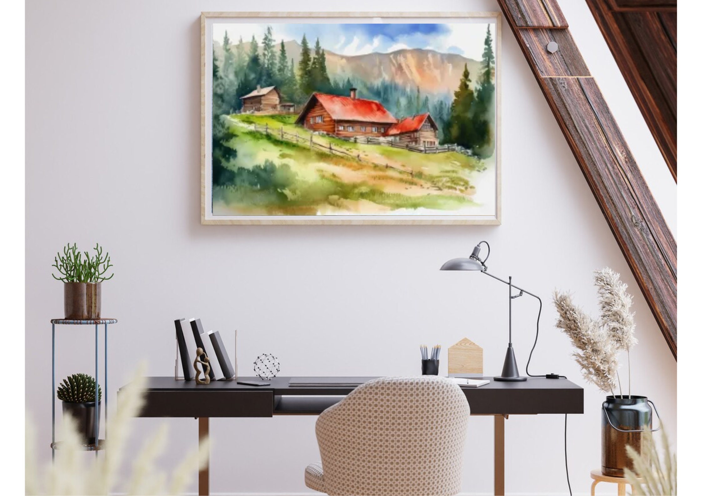 Mountain Cabin Watercolor Painting Pacific Northwest Mountain Landscape ...