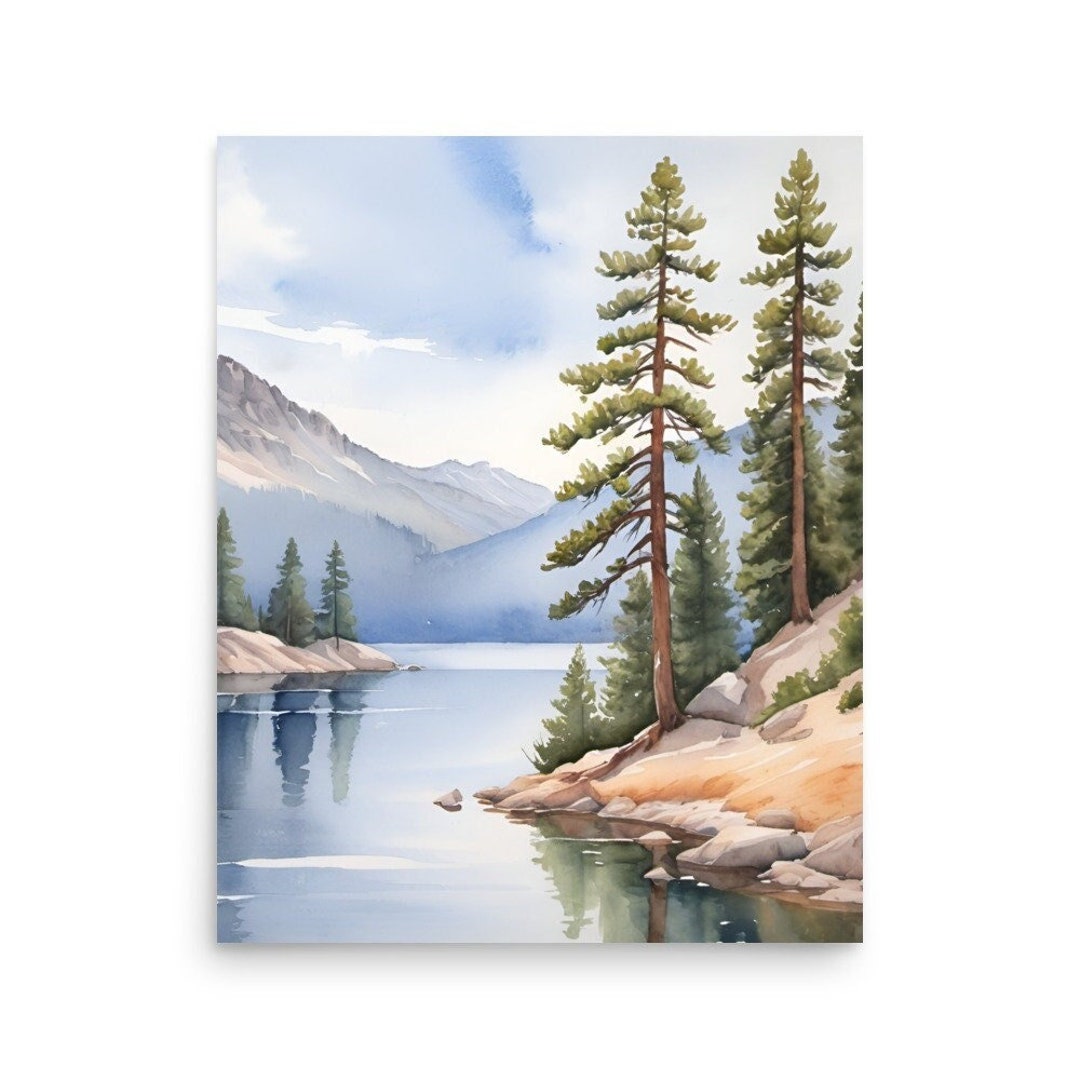 Tahoe Lake Watercolor Art Print: California Mountain Landscape - Etsy