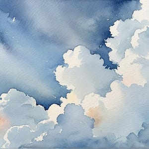 May include: Watercolor painting of a cloudy sky. The artwork features a gradient of blues, with fluffy white clouds and hints of yellow. The style is soft and atmospheric, evoking a sense of calm.