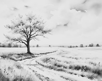 Black and White Oak Tree Watercolor Art Print: Country Road Landscape