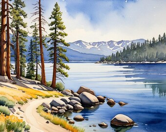 Lake Tahoe Art Print: California Mountain Landscape Watercolor