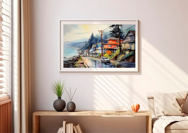 Impresión artística de Yachats Oregon Coast: Pintura de paisaje urbano en acuarela imagen 4