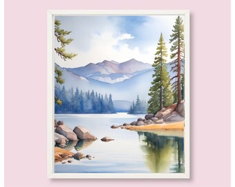 Alice Lake Painting Sawtooth Range Watercolor Art Print Idaho Landscape Wall Art Pine Trees Art Forest Lake Panoramic Landscape Artwork