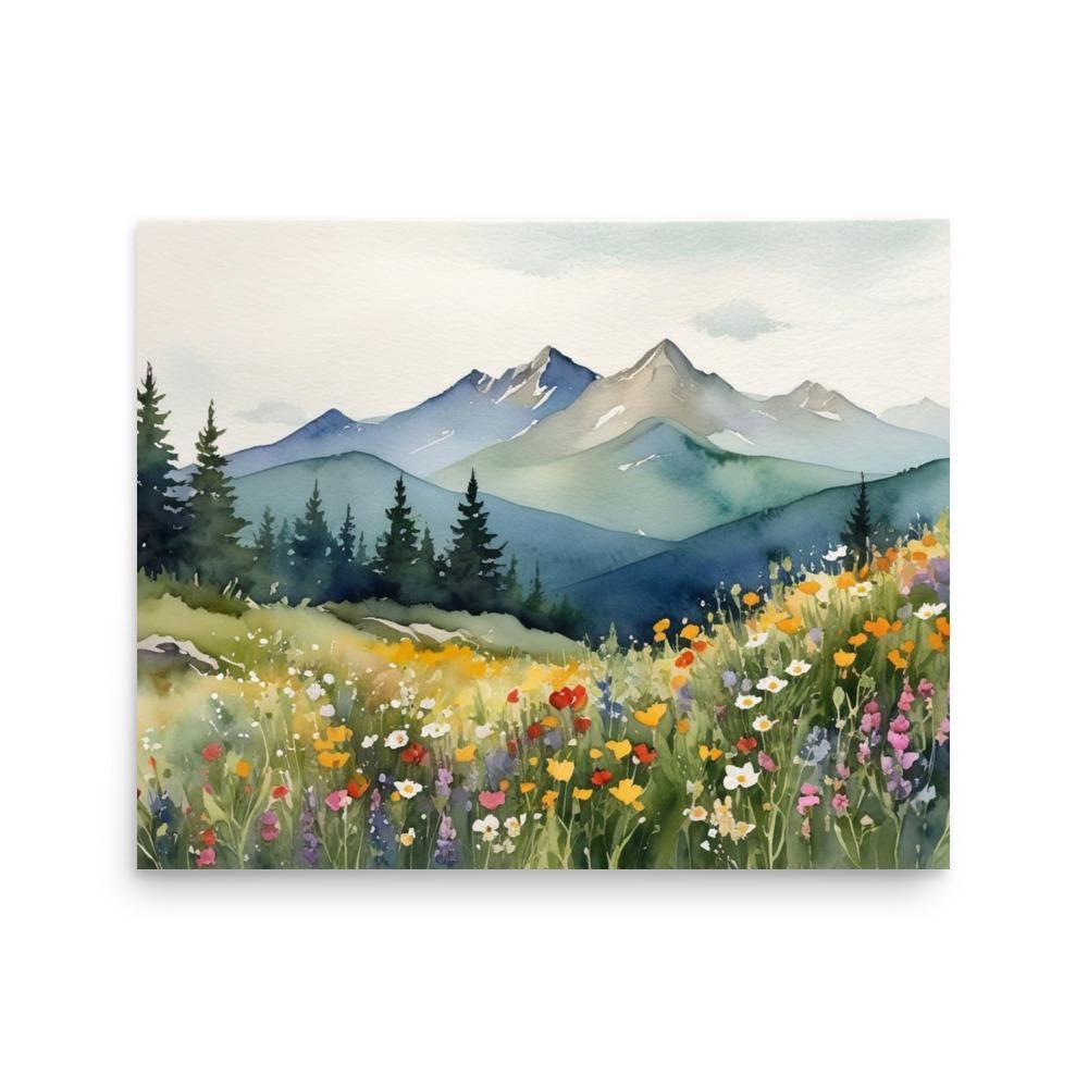 Rocky Mountains Watercolor Art Print: Wildflower Meadow Landscape - Etsy