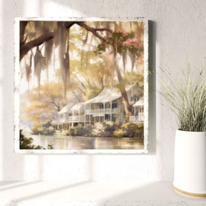 Louisiana landschap aquarel schilderij rivier en huis in Louisiana Art Print panoramisch stadsgezicht Wall Art grote Louisiana poster afbeelding 4