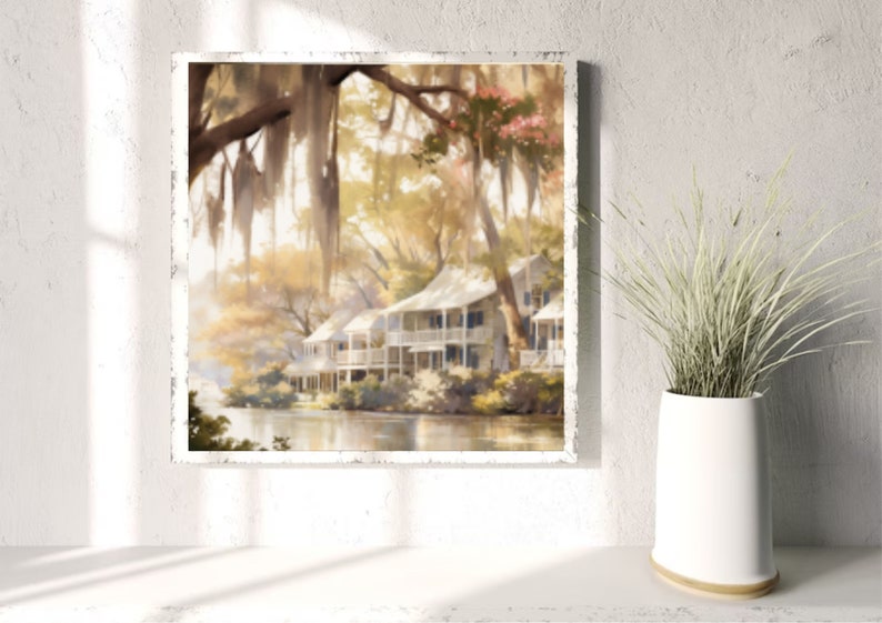 Louisiana landschap aquarel schilderij rivier en huis in Louisiana Art Print panoramisch stadsgezicht Wall Art grote Louisiana poster afbeelding 4