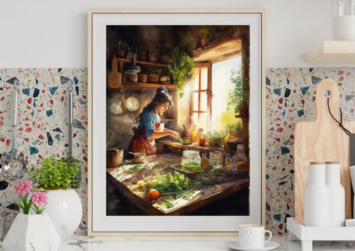 A Woman Cooks in a Country Kitchen Watercolor Painting Art Print Cooking Woman Wall Art French