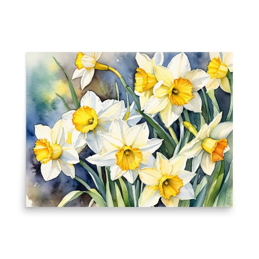 Daffodils Watercolor Art Print: Yellow Spring Floral Botanical Poster ...