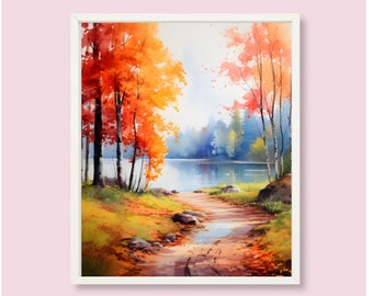 Autumn Landscape Painting Lake Forest Watercolor Art Print Fall Trees Wall Art Forest Lake Panoramic Landscape Artwork Autumn Wall Decor