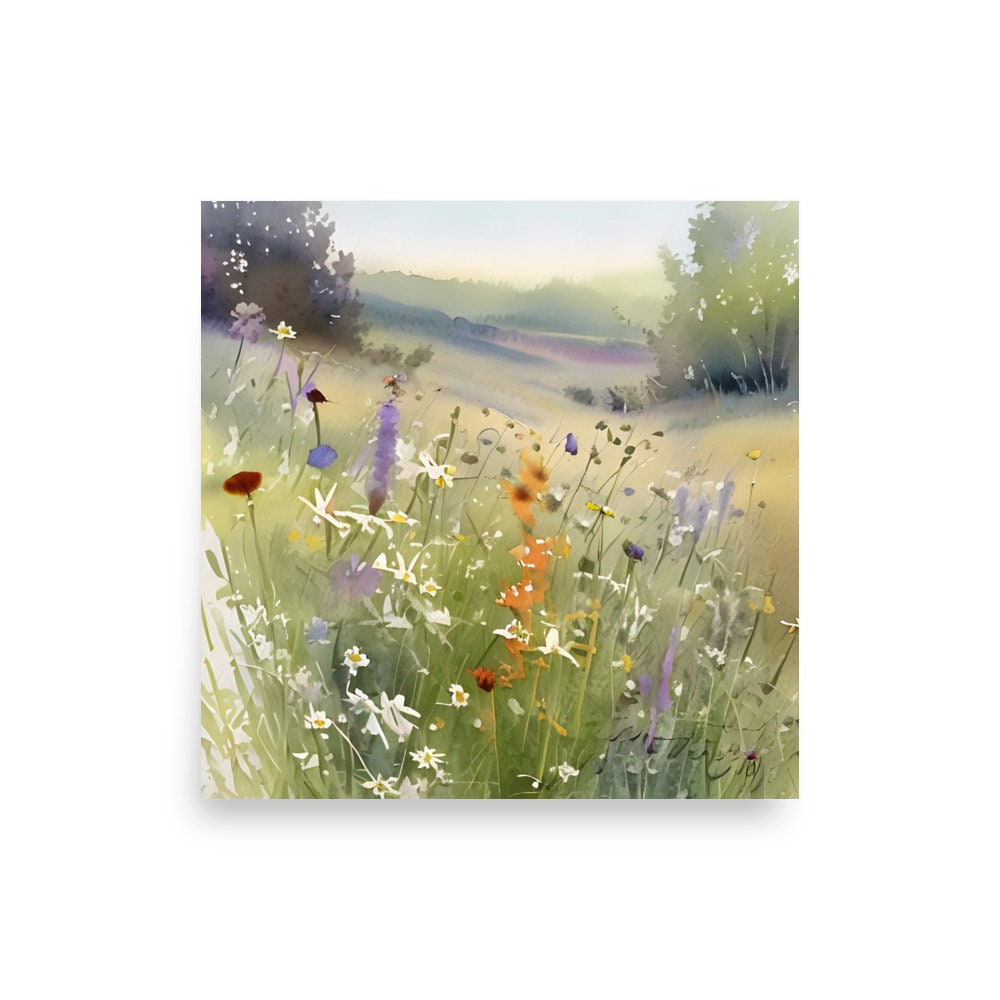 野花の草原の水彩画アートプリント：春の風景 - Etsy 日本