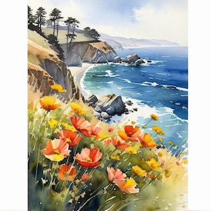 Big Sur Watercolor Art Print: California Coast Poppies Seascape