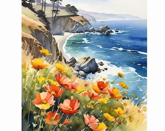 Impression artistique aquarelle de pavots de la côte californienne de Big Sur