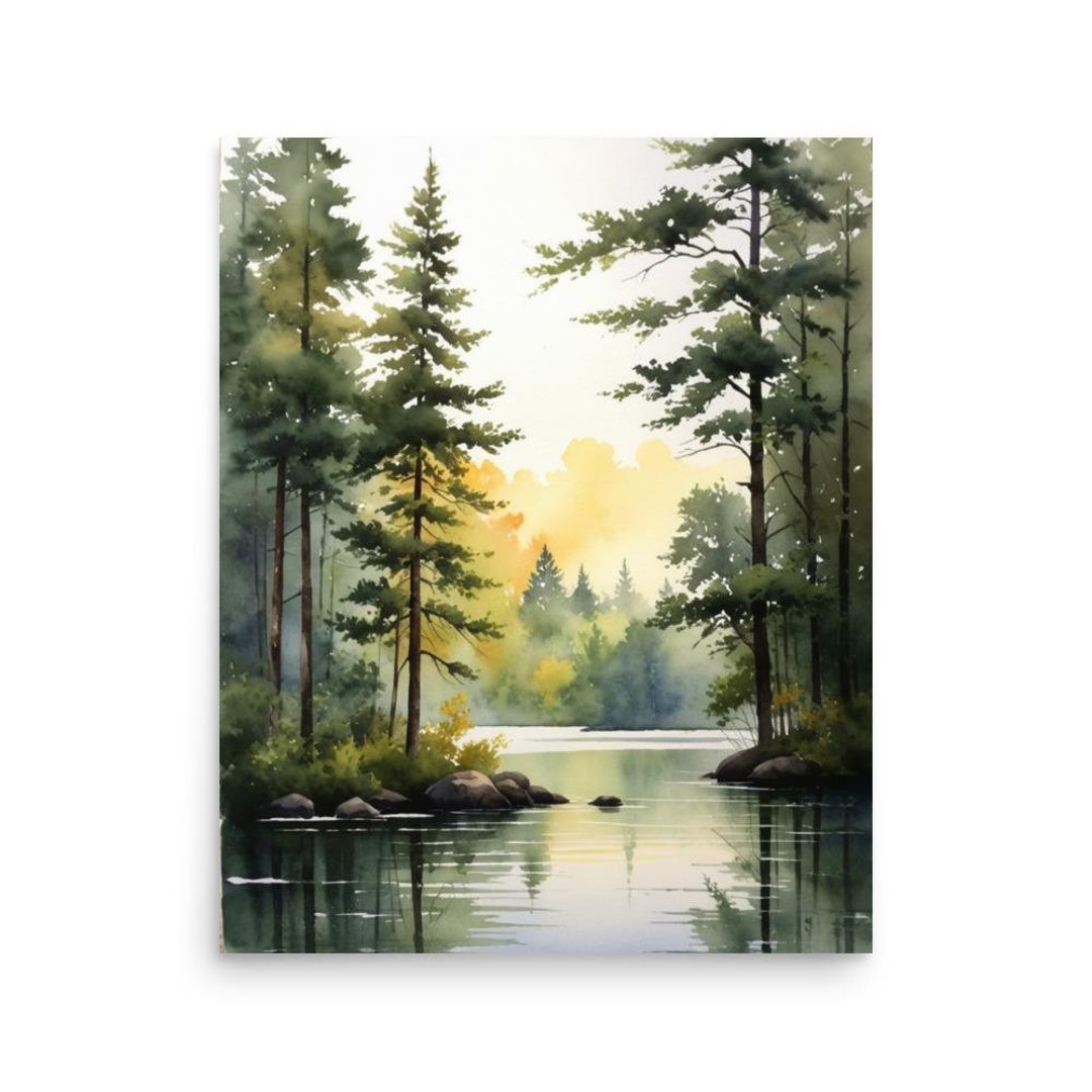 Lake Tahoe Watercolor Art Print: Sunrise Pine Forest Landscape - Etsy