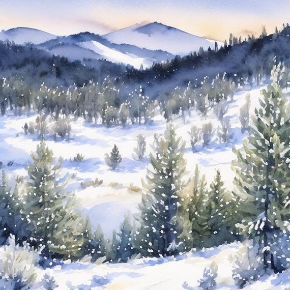 Idaho Winter Landscape Watercolor Painting Mountain Snow