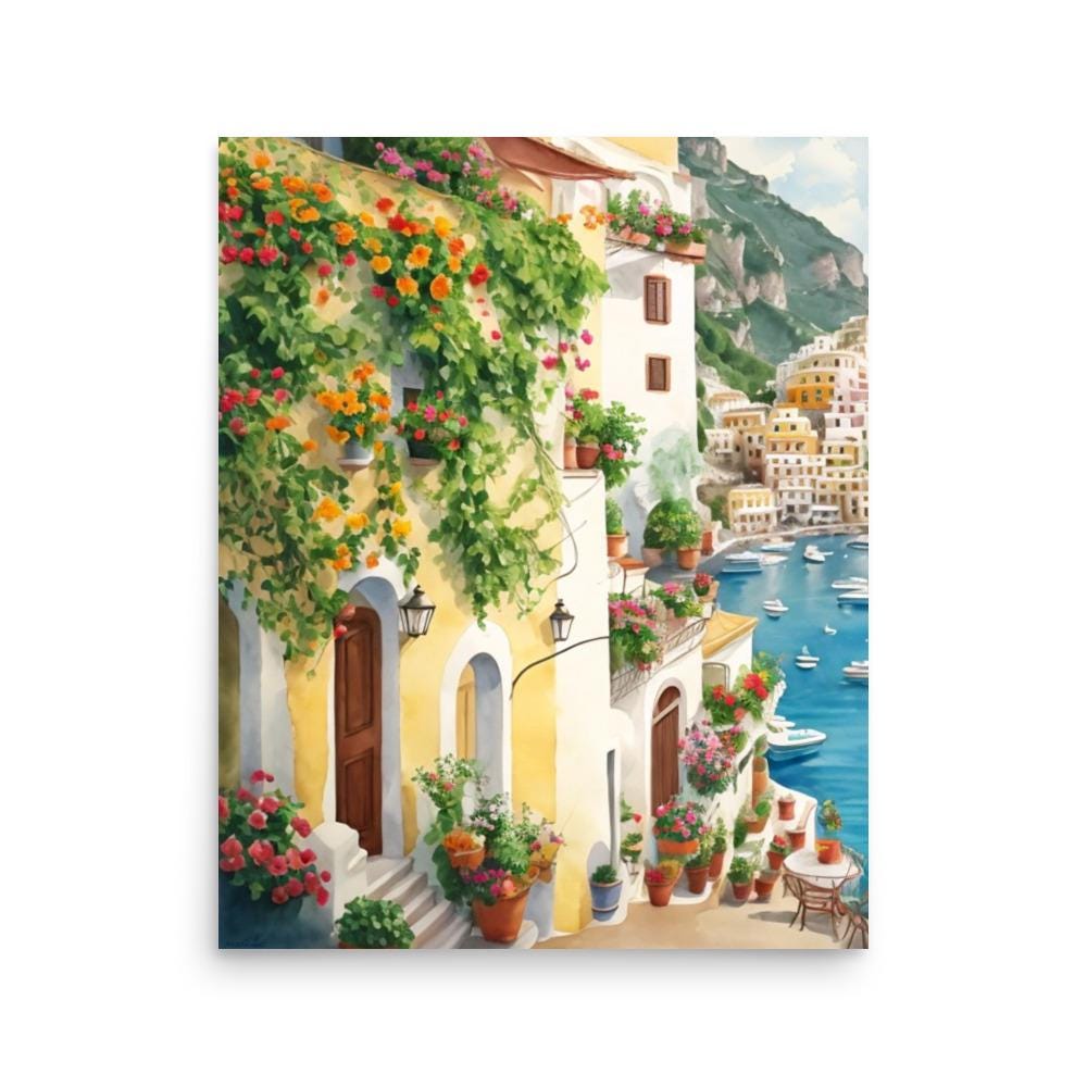 一期会受賞作品　イタリア　ポルトフィーノの街並み　水彩画　10号 ポルトフィーノ ヨーロッパ 地中海 夕景 風景画 イタリア 絵画