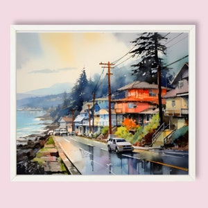 Impresión artística de Yachats Oregon Coast: Pintura de paisaje urbano en acuarela imagen 2