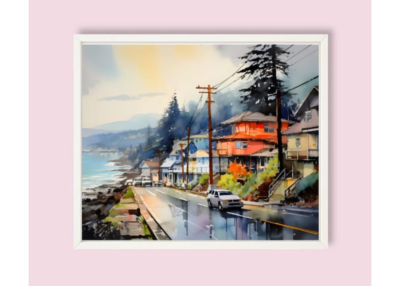 Impresión artística de Yachats Oregon Coast: Pintura de paisaje urbano en acuarela imagen 2