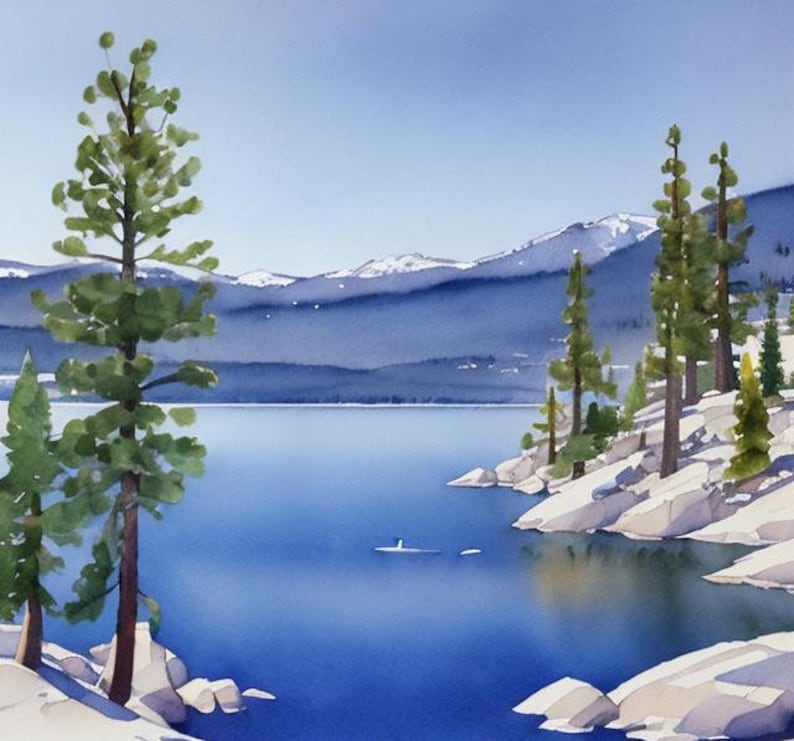 Tahoe Lake Painting California Landscape Watercolor Art Print Mountain