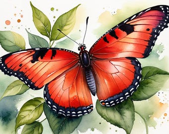 Red Butterfly Watercolor Art Print: Botanical Insect Poster
