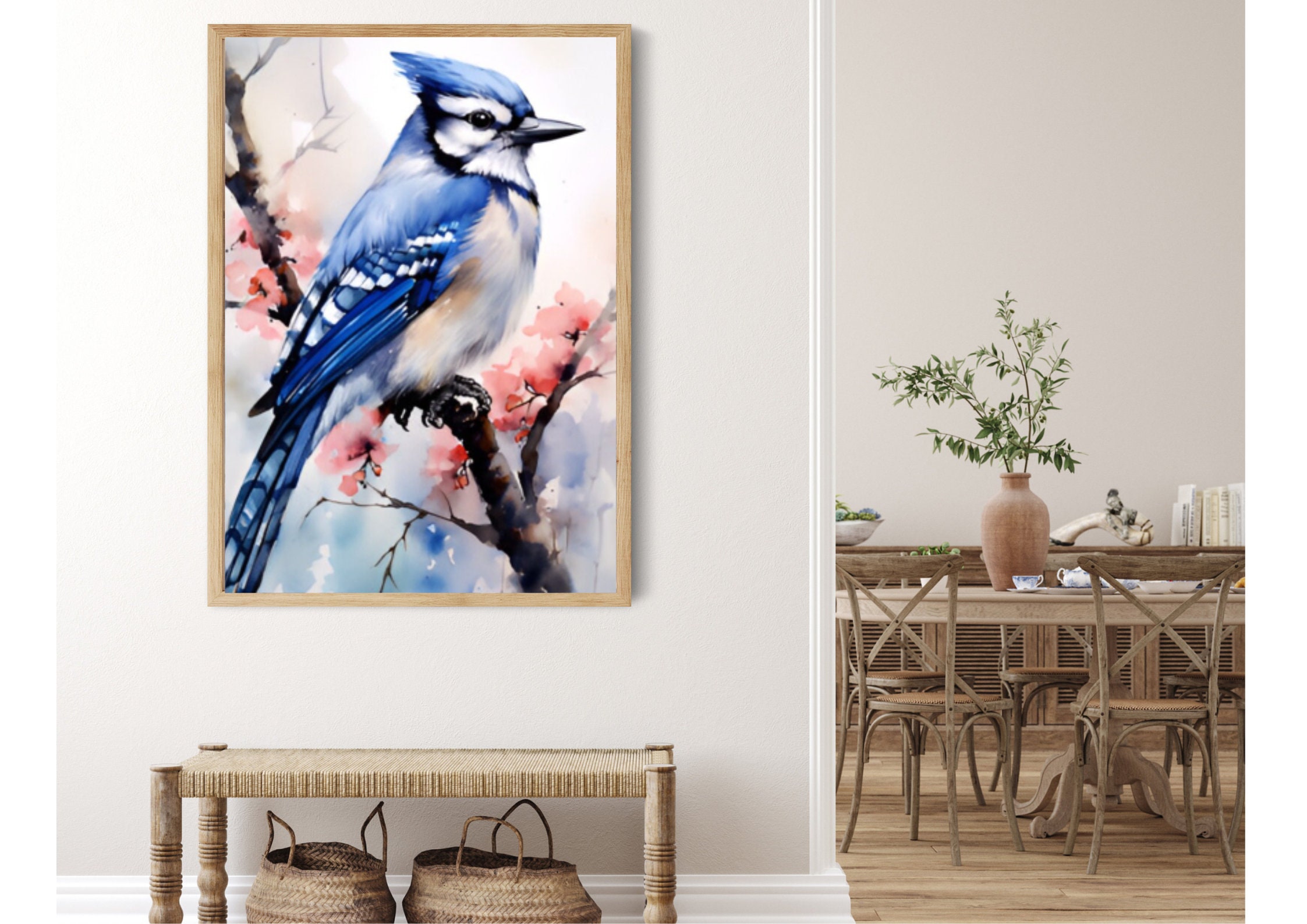 Blue Jay Painting Blossom Tree Branch With Bird Watercolor Art Print