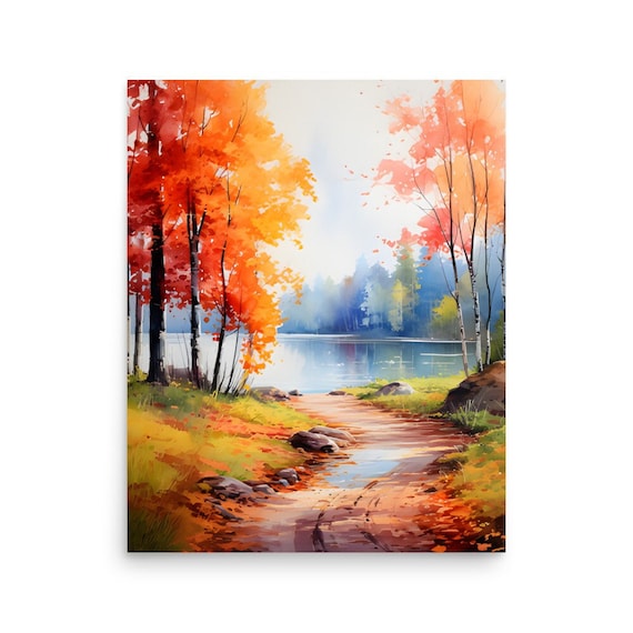 Vermont Autumn Lake Watercolor Art Print: Fall Forest Landscape - Etsy