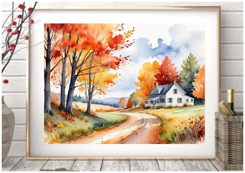Autumn Farmhouse Watercolor Art Print: Countryside Fall Landscape - Etsy