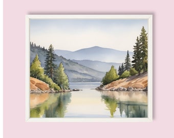 Lake Colur d'Alene Painting Idaho Landscape Watercolor Art Print Mountain Lake and Pine Forest Wall Art Panoramic Nature Landscape Artwork