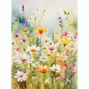 Spring Wildflowers Painting Summer-Spring Landscape Watercolor Art Print Meadow Wall Art Floral Poster Yellow Flowers Artwork