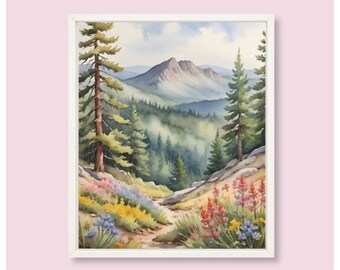 Spring Flowers Painting Rocky Mountains Watercolor Art Print Hiking Trail Art Colorado Landscape Wall Art Wildflowers Meadow Art Pine Print