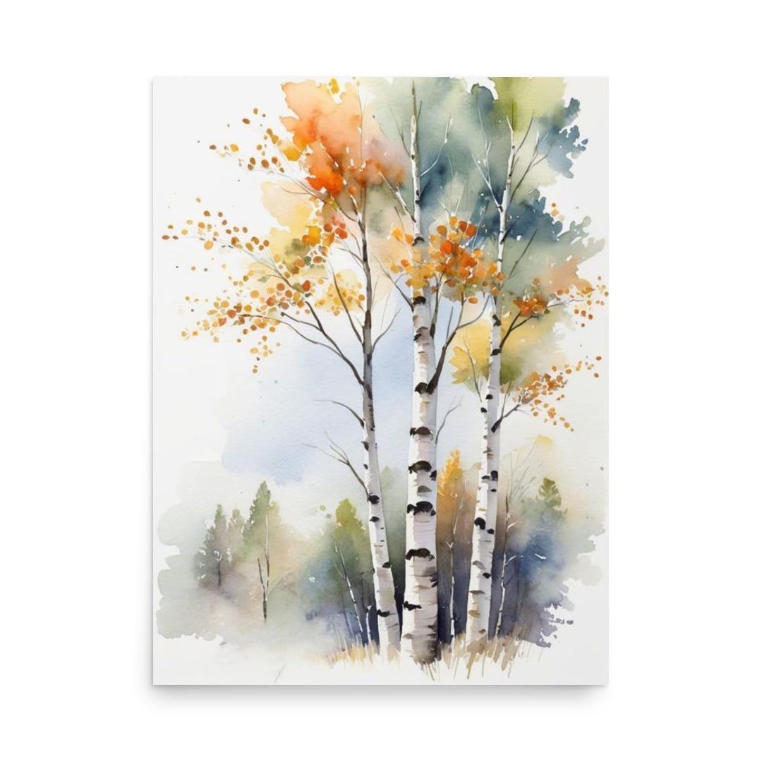 Autumn Birch Trees Watercolor Art Print: Fall Forest Landscape Poster ...