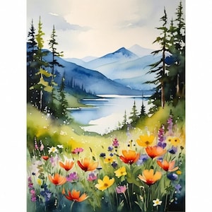 コロンビア渓谷の絵画、山、川、水彩画、アートプリント、春夏の野の花、風景、霧、山、松林、ファインアートプリント
