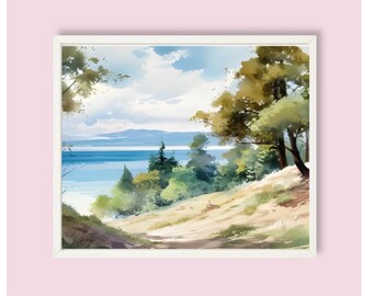 Lake Superior Watercolor Painting Minnesota  Michigan and Wisconsin Lake Landscape Art Print Panoramic Landscape Wall Art Lake Forest Art