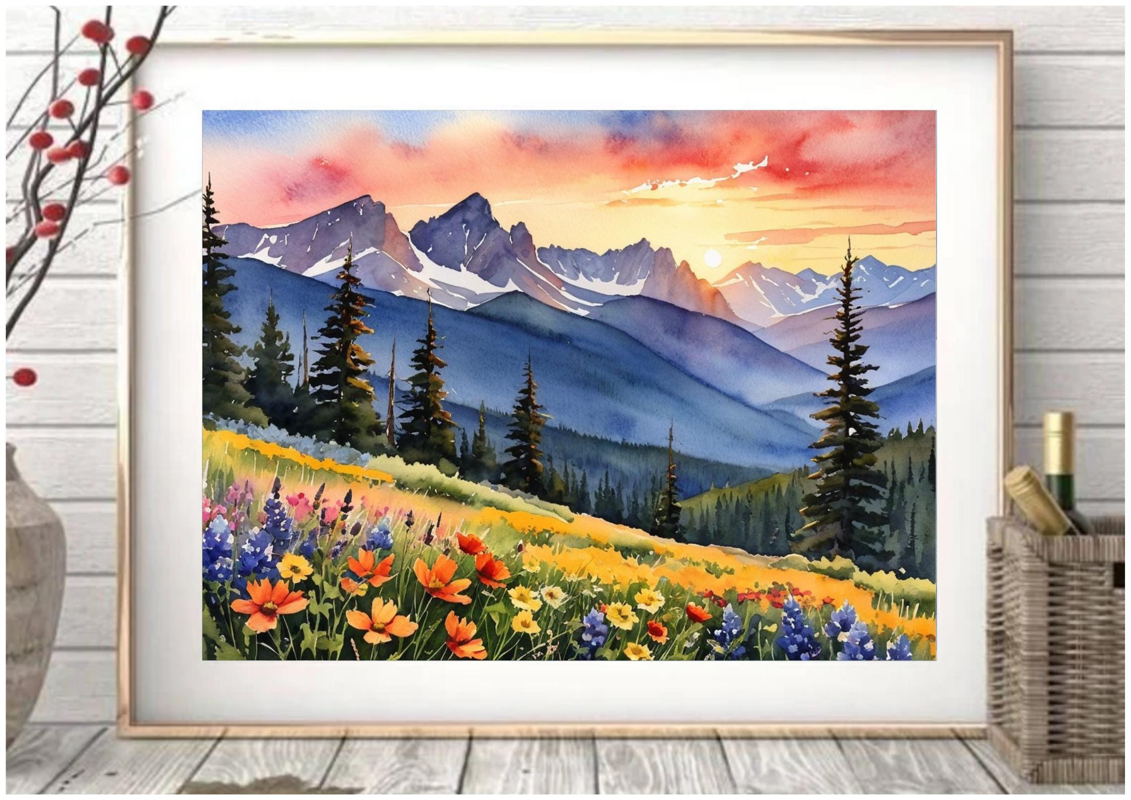 Rocky Mountains Watercolor Art Print: Wildflower Meadow Landscape - Etsy