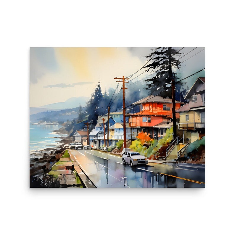 Impresión artística de Yachats Oregon Coast: Pintura de paisaje urbano en acuarela imagen 1