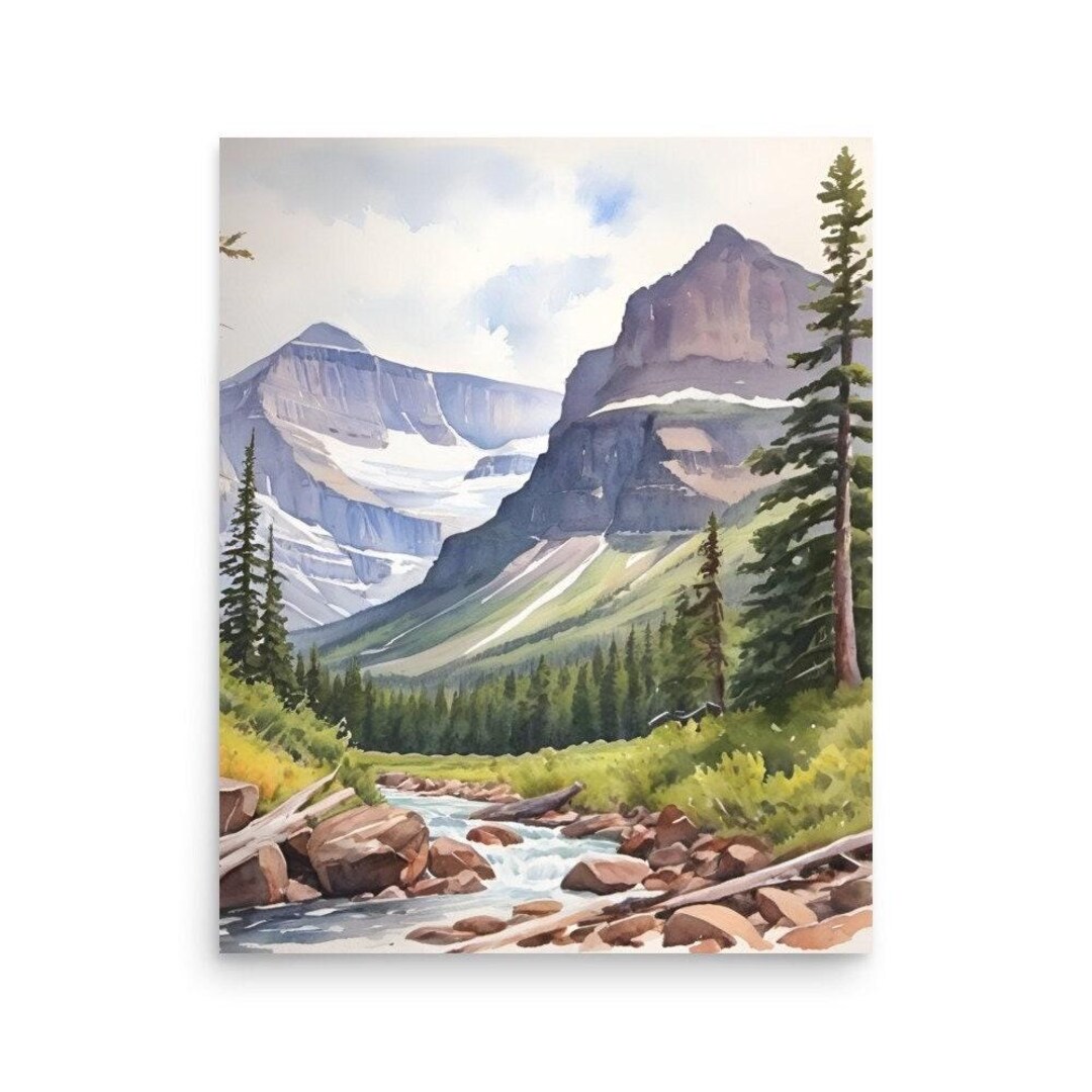 Glacier National Park Watercolor Art Print: Montana Mountain Landscape ...