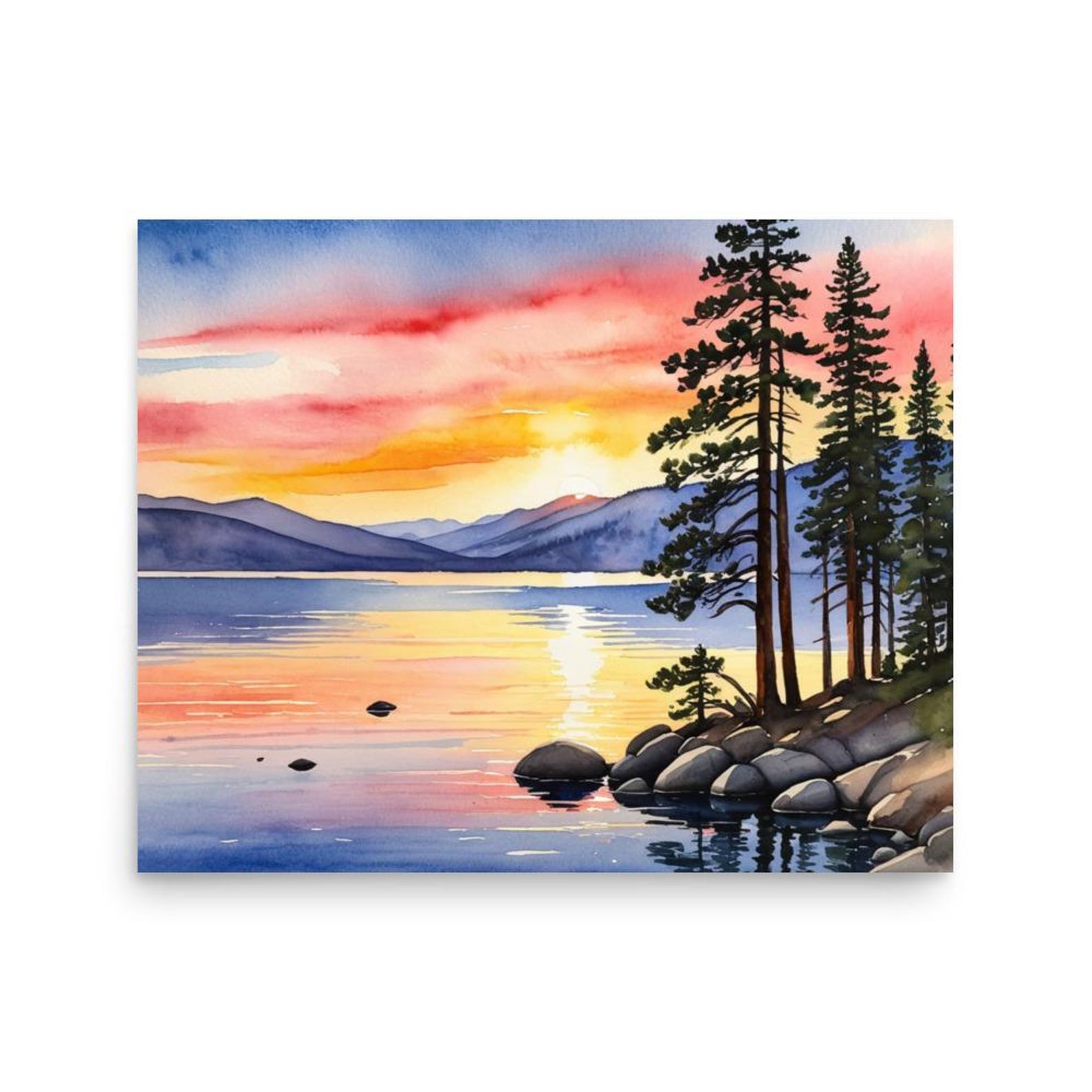 Tahoe Painting Lake Sunset Watercolor Art Print California and Nevada ...