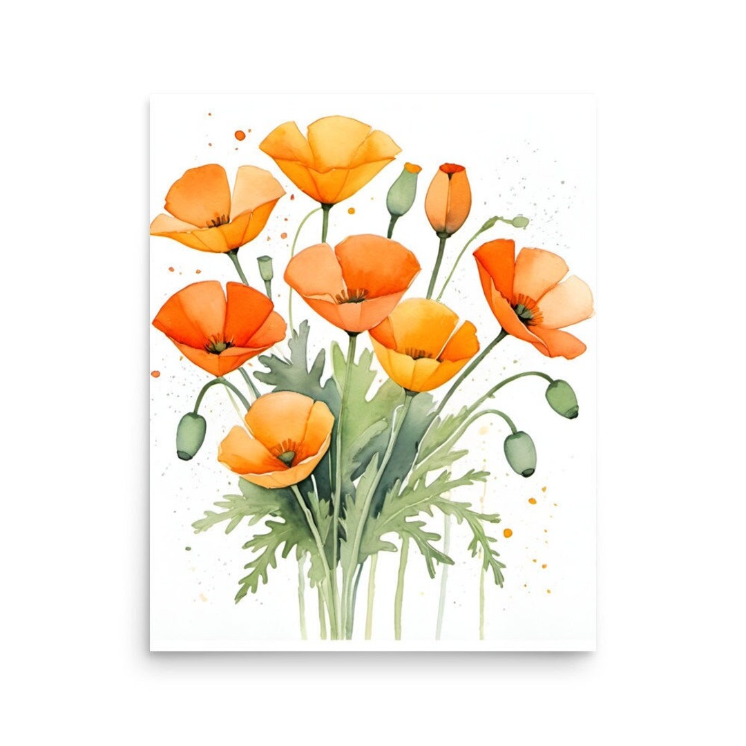California Poppies Watercolor Art Print: Neutral Floral Botanical Wall ...
