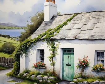 Irish Cottage Painting Cozy Farmhouse Ireland Landscape Watercolor Art Print