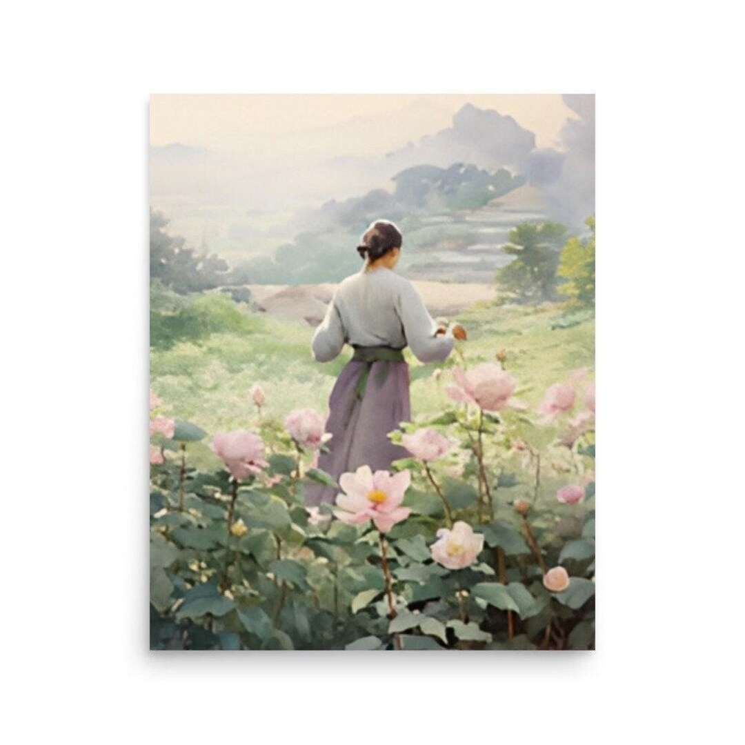 Woman in Rose Garden Watercolor Art Print: Floral Landscape Painting - Etsy