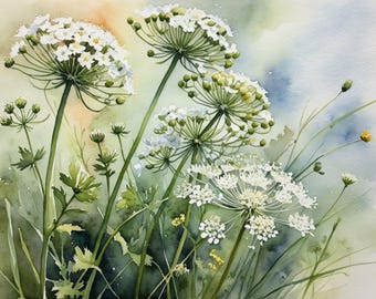 May include: Watercolour painting of white wildflowers with delicate, umbrella-shaped blooms. The artwork features green stems and leaves against a soft, blended background of greens, blues, and yellows, evoking a natural, airy feel.