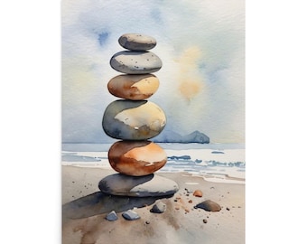 Balancing Stones Watercolor Art Print, Zen Seascape Wall Art