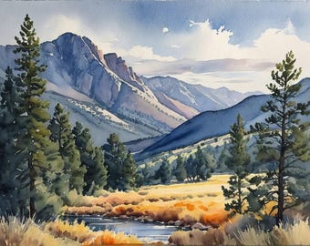 Utah Boulder Mountains Art Print, Watercolor Landscape Painting