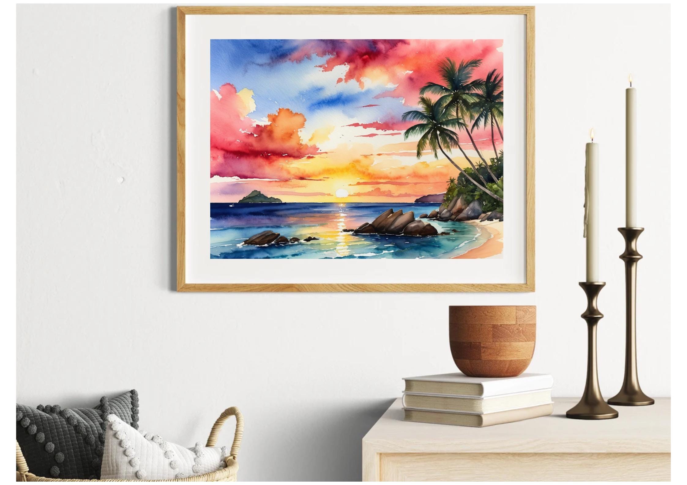 Seychelles Beach Painting Ocean Island Sunset Seascape Watercolor Art ...