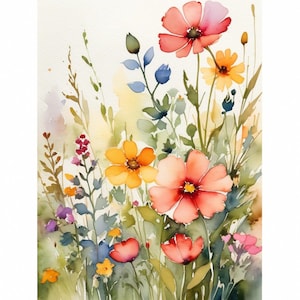 Puede incluir: Pintura acuarela de un ramo de flores en tonos de rosa, amarillo y azul. Las flores están dispuestas en un estilo suelto y natural, y el fondo es una suave acuarela.