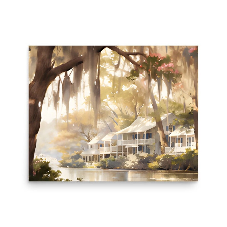 Louisiana landschap aquarel schilderij rivier en huis in Louisiana Art Print panoramisch stadsgezicht Wall Art grote Louisiana poster afbeelding 1