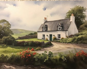 Irish Cottage Watercolor Art Print, Ireland Landscape Poster